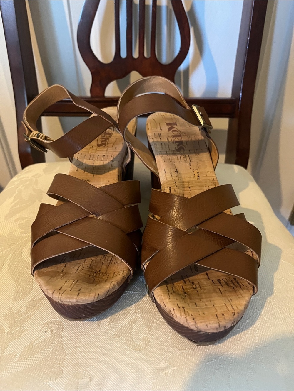 Korks Brown Cork Wedge Sandals Women’s Size 10 Adjustable Ankle Strap
